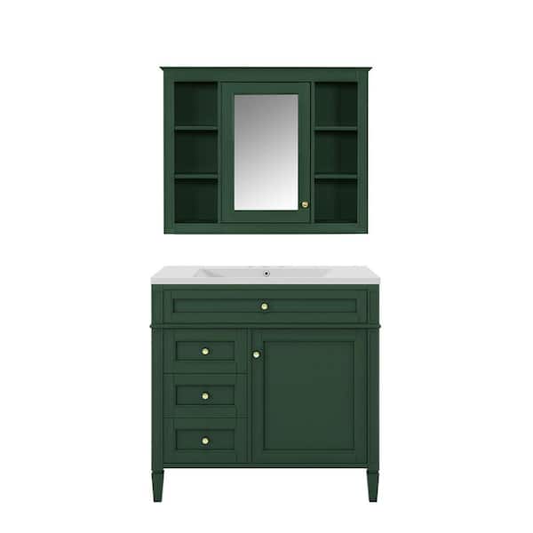 36 in. Single Sink Freestanding Bath Vanity in Green with White Resin Top, 4 Drawers and Medicine Cabinet with Mirror