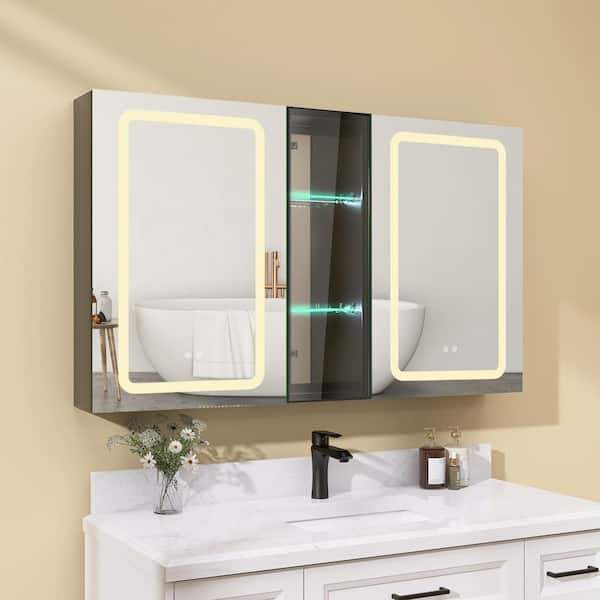 NTQ 50 in. W x 30 in. H Rectangular Aluminum Anti-Fog Dimmable Black Smart Lighted Medicine Cabinet with Mirror for Bathroom