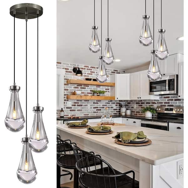 YUYI Farmhouse Chandelier 85 in. H 3 Light Nickel Raindrop Globe Chandelier for Dinning Room, Kitchen, Foyer, Bulb Included