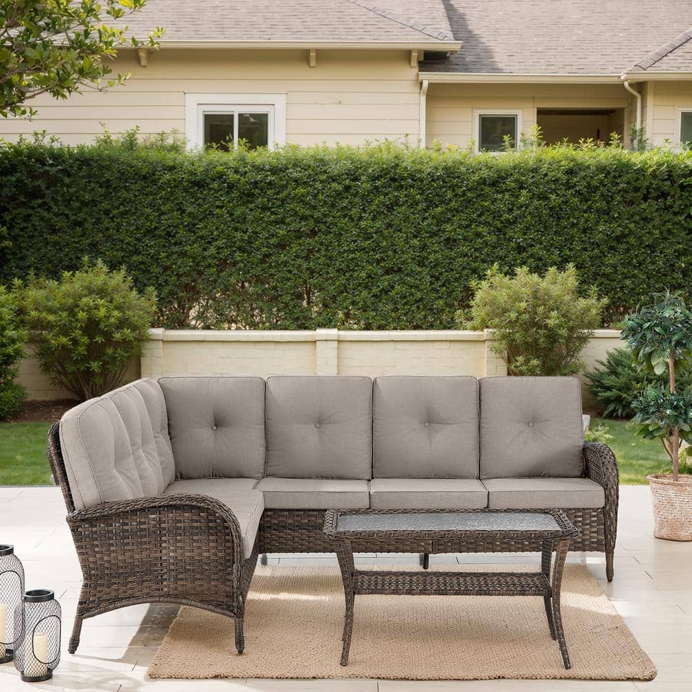 Carlos Brown Wicker Outdoor Sectional Couch Patio Furniture sofa Set with Beige Cushions and Coffee Table