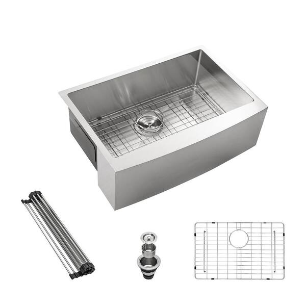 TOBILI 33 in. Farmhouse/Arch Edge front Single Bowl 16-Gauge Stainless Steel Kitchen Sink with Bottom Grid and Basket Strainer
