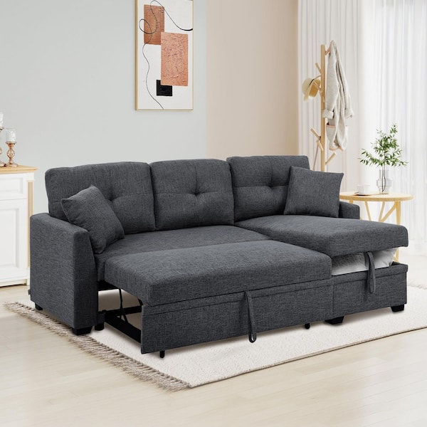 76.5 in. Modern Dark Gray Linen Blend Upholstered Sectional Twin Size Sofa Bed with Pull-Out Bed and Chaise Storage
