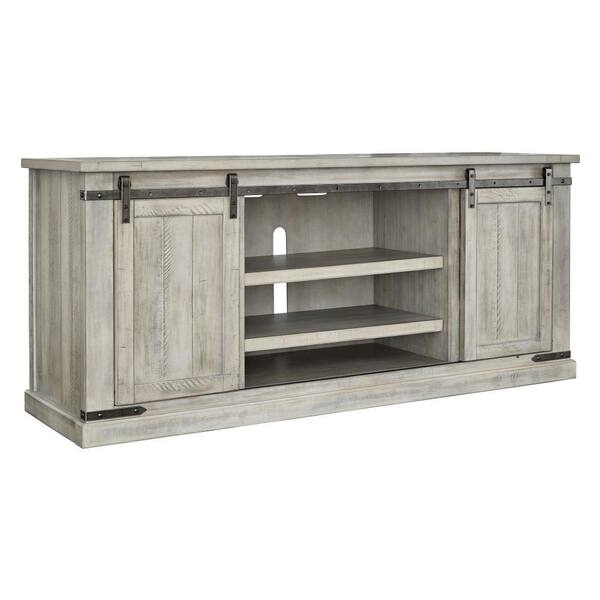 Benjara 70.13 in. White Wood TV Stand Fits TVs Upto 65 in. with 6-Shelves