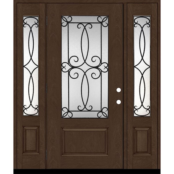 Steves & Sons Regency 64 in. x 80 in. 3/4Lite Georgian Decorative Glass RHOS Hickory Mahogany Fiberglass Prehung Front Door w/12in.SLs