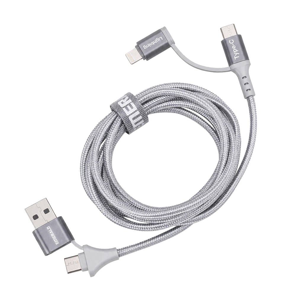 6ft 4-in-1 Braided USB-A & Type-C to Lightning & Type-C with Adapter, Fast Charging & Data Syncing Cable - Gray