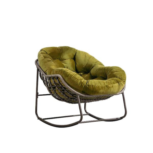 Brown Wicker Outdoor Rocking Chair with Olive Green Cushions