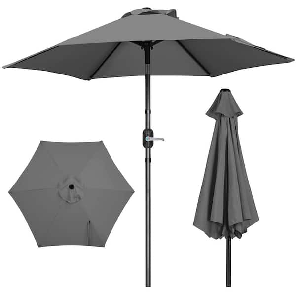 Yaheetech 7.5 ft. Patio Umbrella Market Umbrella with 6 Ribs Push Button Tilt and Crank Operation Outdoor Table Umbrella, Gray