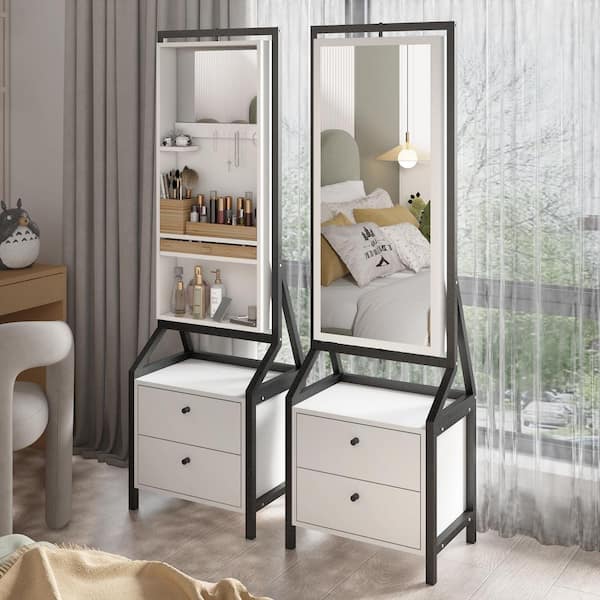 Unbranded White MDF 360° Swivel Jewelry Armoire and Makeup Mirror Cabinet With 2 Bottom Drawer, Rotates Freely