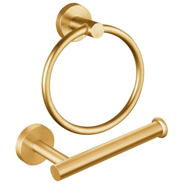 2-Piece Bathroom Hardware Set with Towel Ring and Toilet Paper Holder in Brushed Gold Stainless Steel Finish