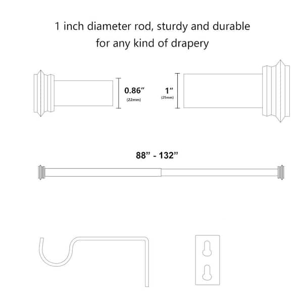 Brass 1 Double Curtain Rod and Small Round End Cap Finials Set 48-88