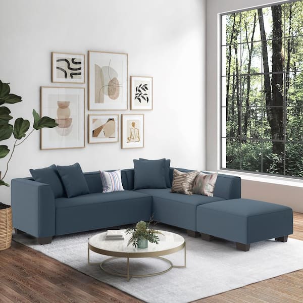 Handy Living Phoenix 3-Piece PHX-SEC-CNF55 Home Sofa Sectional - Depot 4-Seater Ottoman with Blue Polyester The L-Shaped Caribbean Right-Facing
