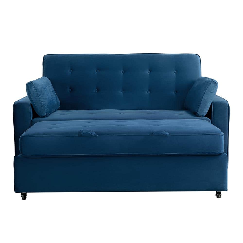 Navy Blue Tufted Queen Size Convertible Sofa with Wood Frame