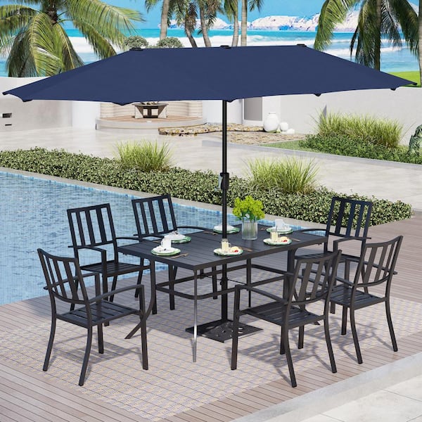 PHI VILLA 8-Piece Metal Outdoor Patio Dining Set with Umbrella and ...