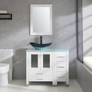36.4 in. H x 35.4 in. D x 21.7 in. W Single Sink Bath Vanity in White with Green Countertop and Glass Sink and Mirror