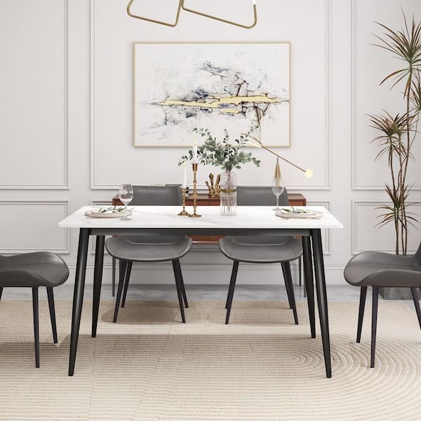 63 in. White Sintered Stone with Black Metal 4 Legs Dining Table (Seats 6)