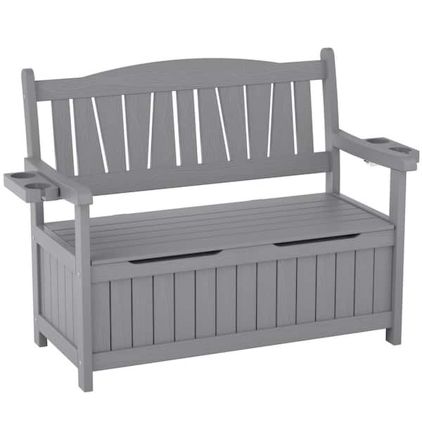 Mximu 43 Gal. Grey Plastic Outdoor Storage Bench with Double Cup Holders