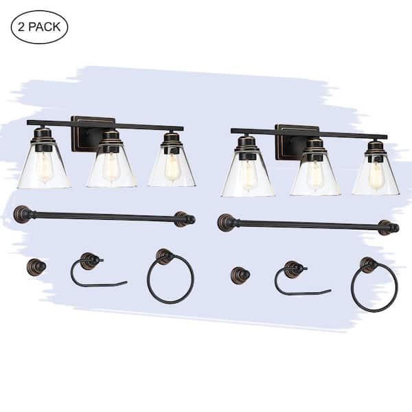 Hukoro Romance 26 in. 3-Light Oil Rubbed Bronze Vanity Light Clear Glass Shade and Bath Set (2-Pack)