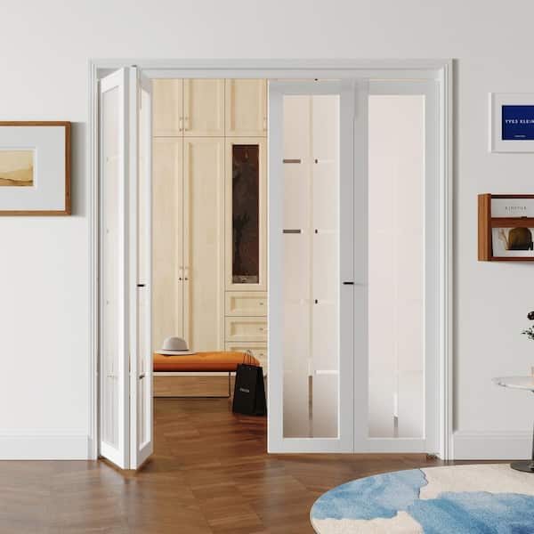 72 in x 80 in, Frosted Glass, Solid Core, White, 10-Lite, MDF Wood, PVC Covering Bi-fold Doors with Hardware Kits