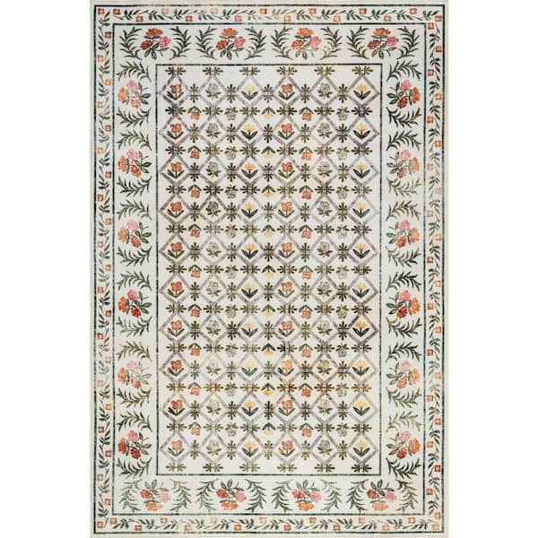 Erina Floral Washable Area Ivory 8 ft. x 10 ft. Indoor Area Rug