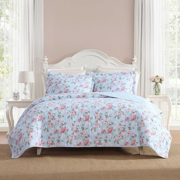 Laura Ashley Blissful Dream 2-Piece Blue/Pink Plain Weave Cotton Twin Quilt Set