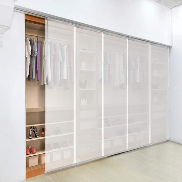 EMOH Pearly White 58 in. - 110 in. W x 94 in. L Adjustable 5- Panel White Single Rail Panel Track with 23.5 in. Slates