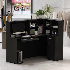 55.9 in. L Shaped Black Wood Computer Desk with 5-Shelves Drawer and Cabinet Writing Table Workstation Reception Desk