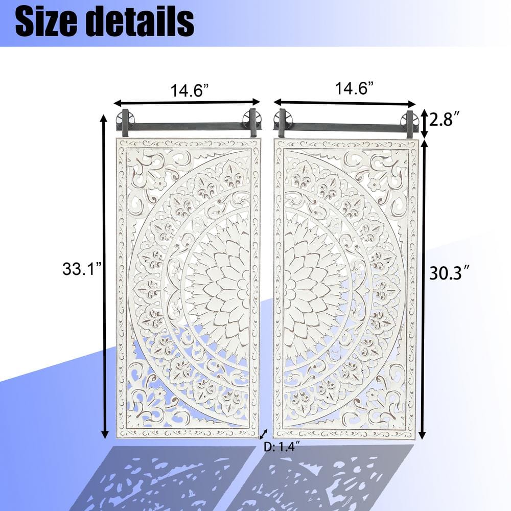 Distressed Ivory White Wood Floral Wall Art Set with Iron Bar