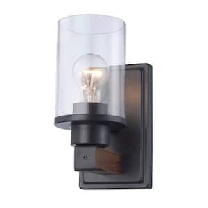 Siesta 1-Light Oil Rubbed Bronze and Faux Wood Indoor Wall Sconce Light Fixture with Seeded Glass