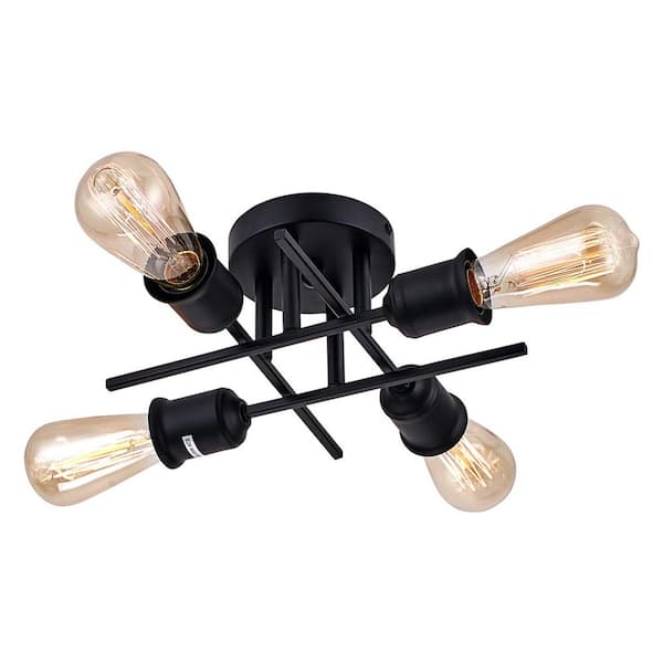 OUKANING 11 in. 4-Light Retro Farmhouse Black Semi- Flush Mount Ceiling Light with No Bulbs Included