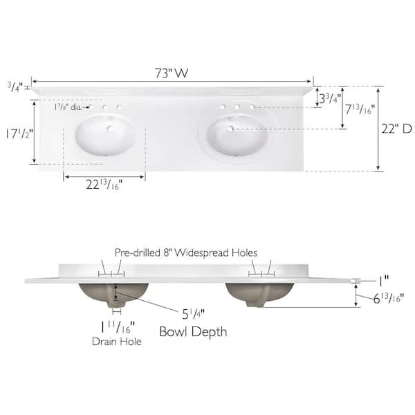 73 in. W Cultured Marble Double Vanity Top in Solid White with Solid White Basins with 8 in. Widespread Faucet Spread