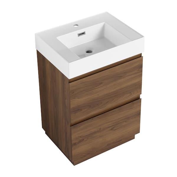 Unbranded 23.62 in. W Modern Freestanding Bath Vanity in Brown with Undermount Single White Resin Sink, 2-Drawer for Bathroom