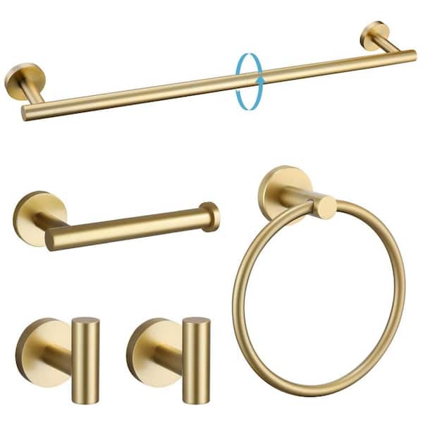 5-Piece Wall-Mounted Bathroom Hardware Set, Stainless Steel Bath Towel Bar Set, Shape of Round, Gold