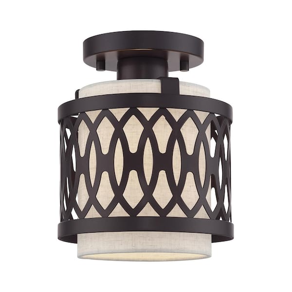 Livex Lighting Vistaview 1-Light English Bronze Semi Flush Mount with Oatmeal Fabric Shade