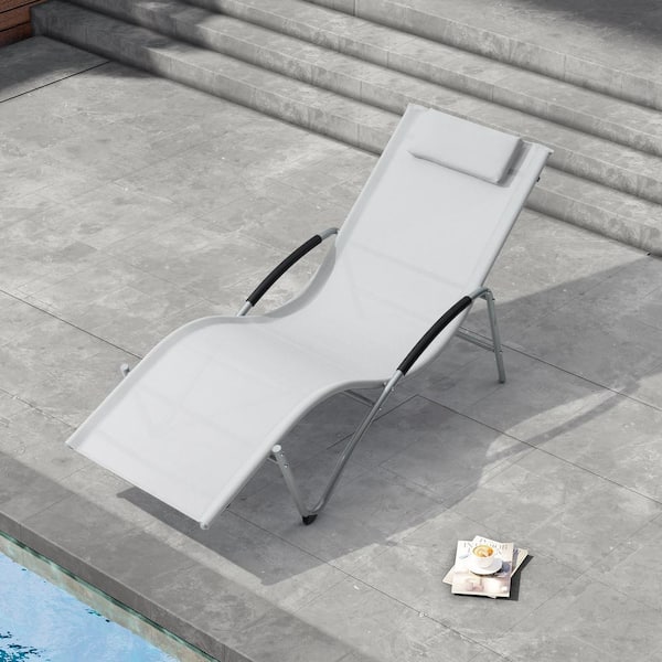 Crestlive Products Light Gray Metal Outdoor Chaise Lounge with Arms and Headrest (1-Pack)