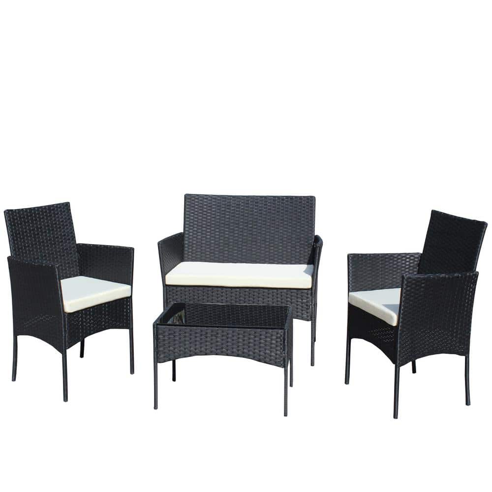 Black 4-Piece Wicker Outdoor Patio Conversation Set with Beige Cushion for Garden, Backyard, Balcony and Poolside price history on PriceWatchPro