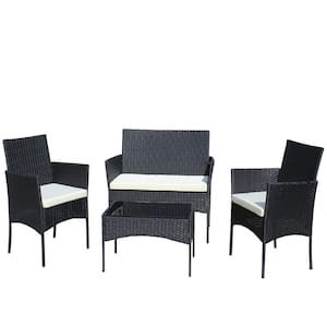 Black 4-Piece Wicker Outdoor Patio Conversation Set with Beige Cushion for Garden, Backyard, Balcony and Poolside