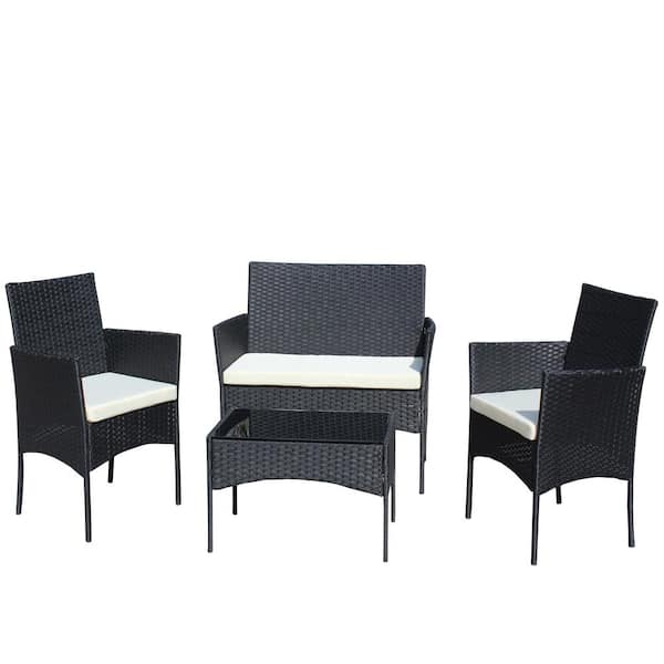 Zeus & Ruta Black 4-Piece Wicker Outdoor Patio Conversation Set with Beige Cushion for Garden, Backyard, Balcony and Poolside