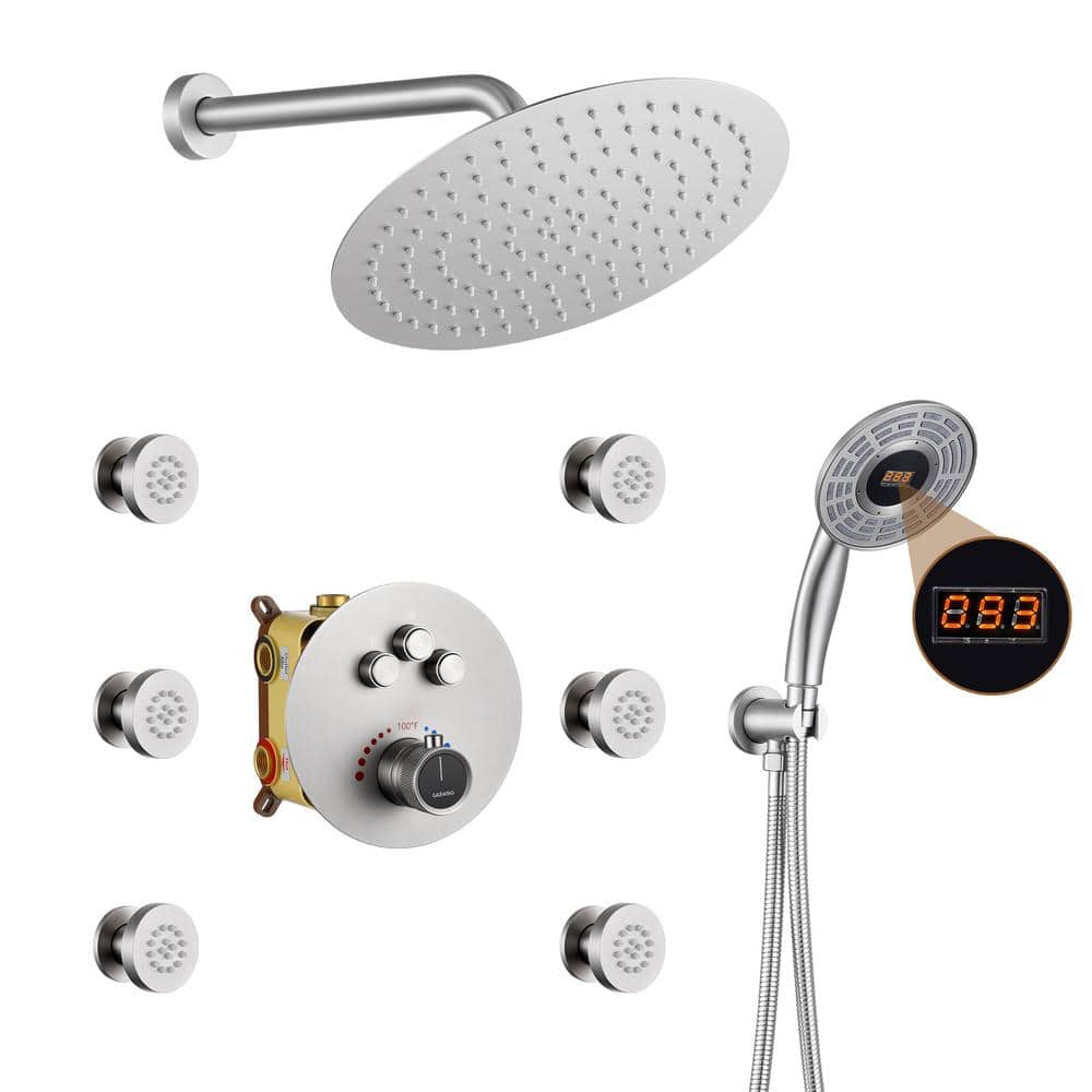 Brushed Nickel Thermostatic Rain Shower System with Digital Display