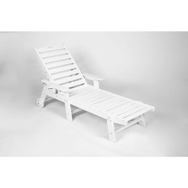 White Wood Outdoor Lounge Chair, Oversized Chaise Lounge Chair with 5 Positions, Wheels & Cup Holder