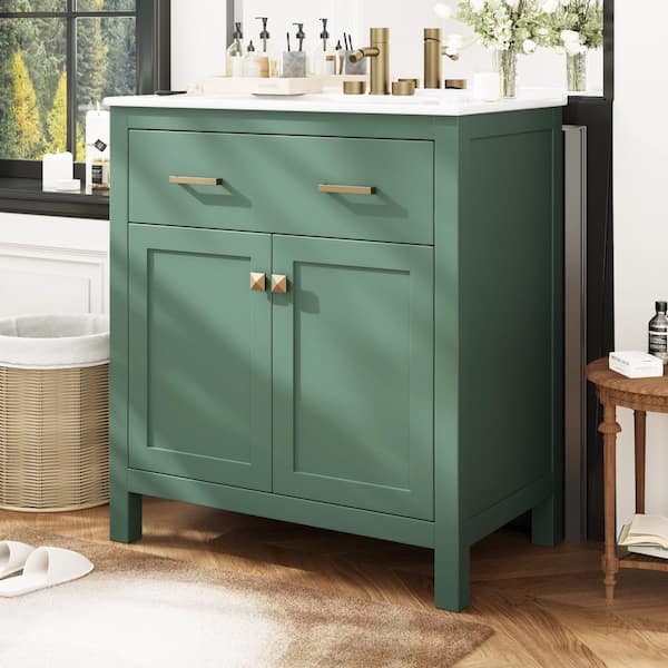 Nestfair 30 in. W x 18.3 in. D x 33.59 in. H Single Sink Freestanding Bath Vanity in Green with White Ceramic Top