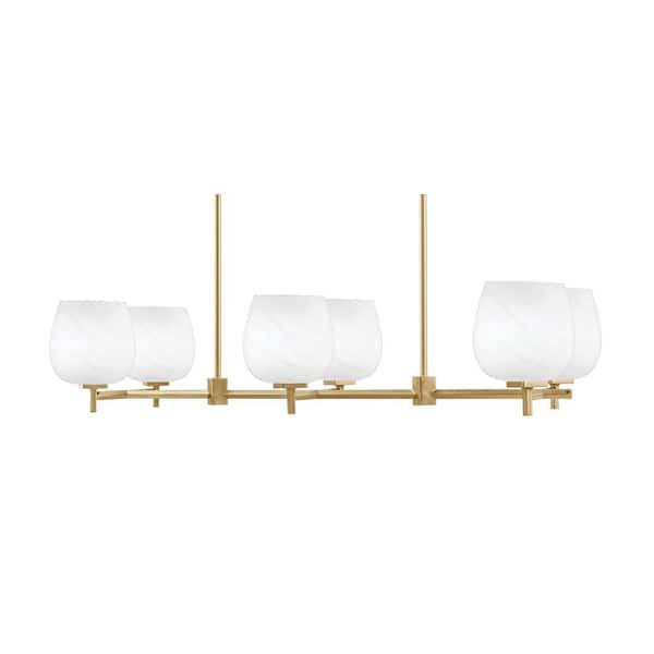 Unbranded Bridgewater 6 Light Brass Linear Chandelier for Kitchen Island with 6 in. White Marble Glass Shades, No Bulbs Included