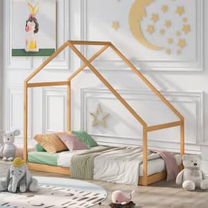 Natural Twin Size House Shape Floor Bed, Twin Wood Bed Frame with Roof for Toddlers Kids Boys Girls, Box Spring Needed