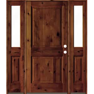 70 in. x 80 in. Knotty Alder Left-Hand/Inswing Clear Glass Red Chestnut Stain Square Top Wood Prehung Front Door