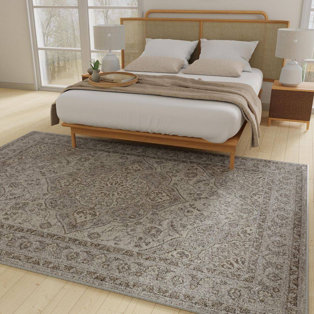 Gray and Beige 4' x 6' Oriental Synthetic Area Rug