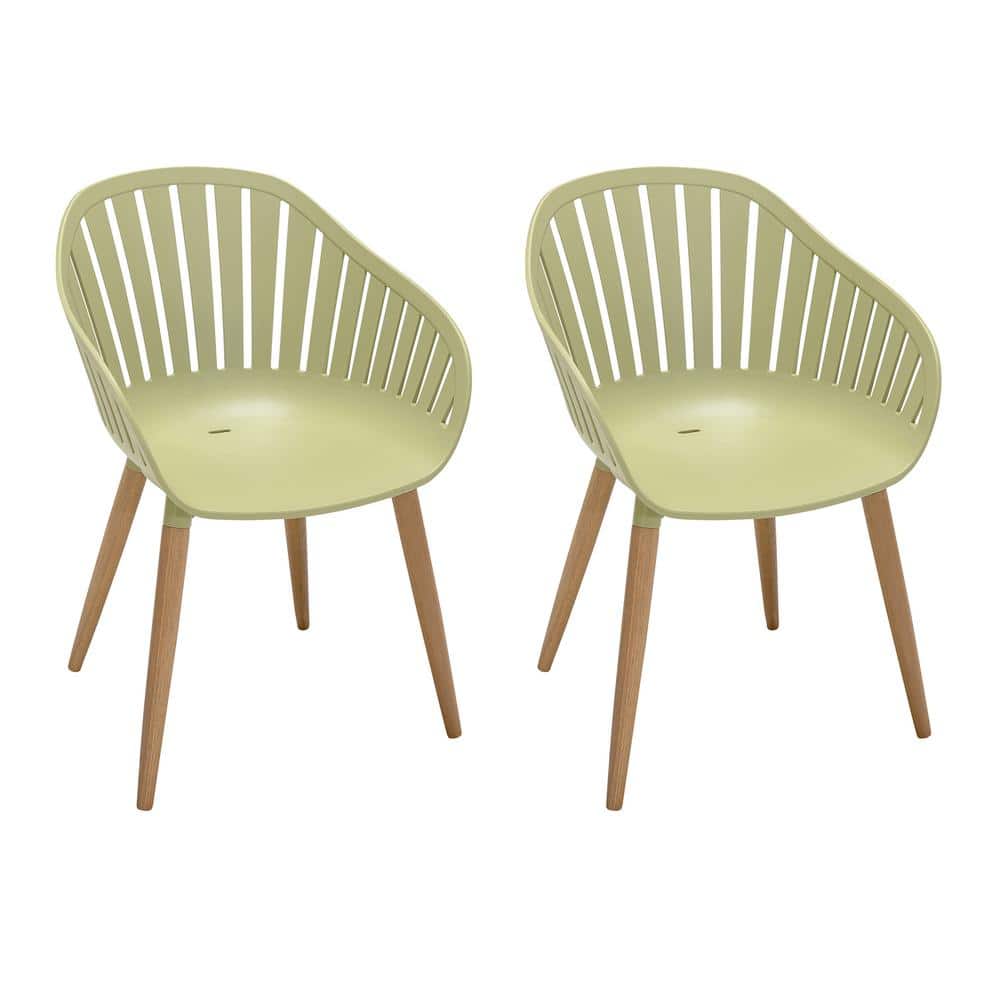 Nassau Sage Green Arm Plastic Outdoor Patio Dining Chairs with Wood Legs (S