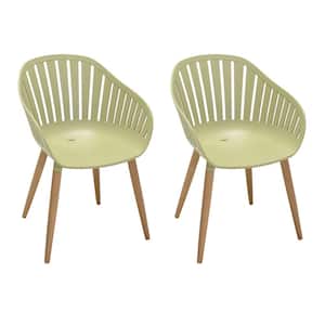 Nassau Sage Green Arm Plastic Outdoor Patio Dining Chairs with Wood Legs (Set of 2)