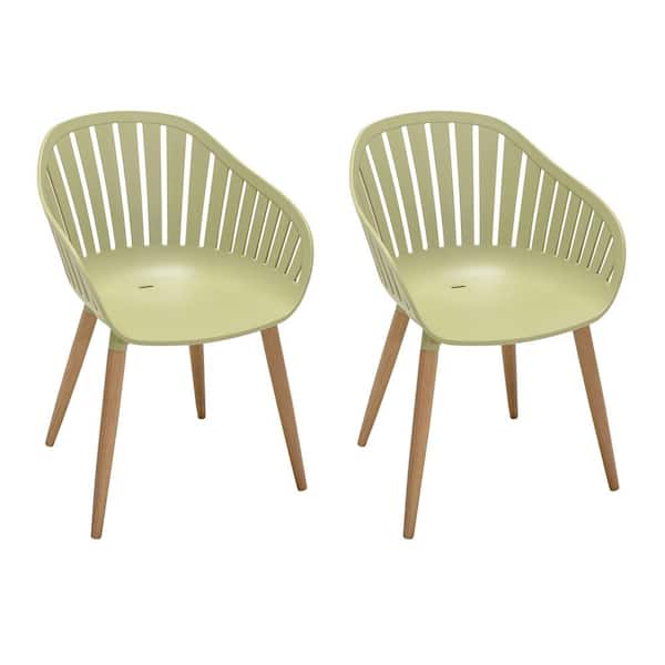 Armen Living Nassau Sage Green Arm Plastic Outdoor Patio Dining Chairs with Wood Legs (Set of 2)