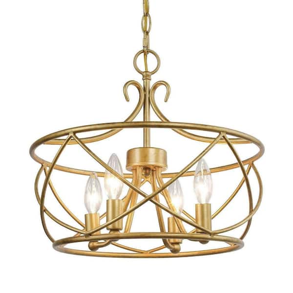 Mid-Century Modern Dining Room Chandelier 4-Light Antique Gold Drum Chandelier