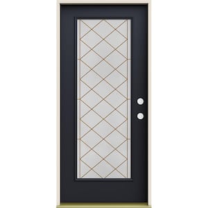 36 in. x 80 in. Left-Hand Full Lite Sardis Decorative Glass Black Paint Fiberglass Prehung Front Door