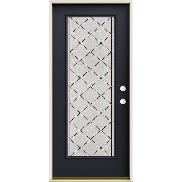 JELD-WEN 36 in. x 80 in. Left-Hand Full Lite Sardis Decorative Glass Black Paint Fiberglass Prehung Front Door